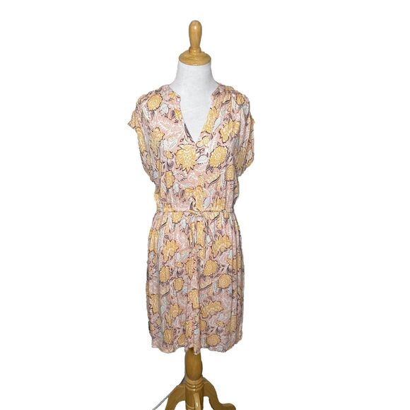LOFT Pink Orange Floral Cottage V neck Dress Soft Cotton Stretch size Medium - Picture 1 of 8